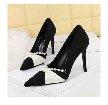 French Elegant Socialite Pearl Bow Pointed Low Cut Suede Stiletto Heel Pumps for Women