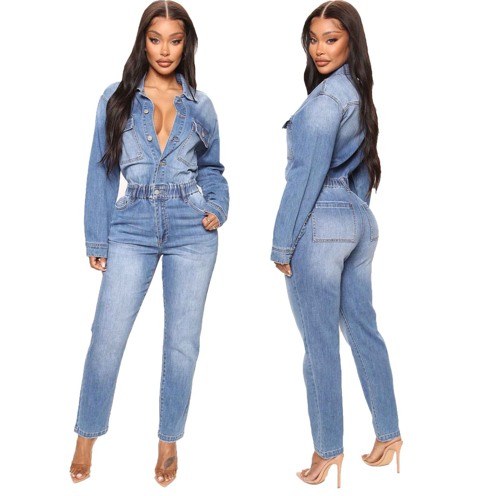 Women's Slim Elastic Band Washed Denim Jumpsuit