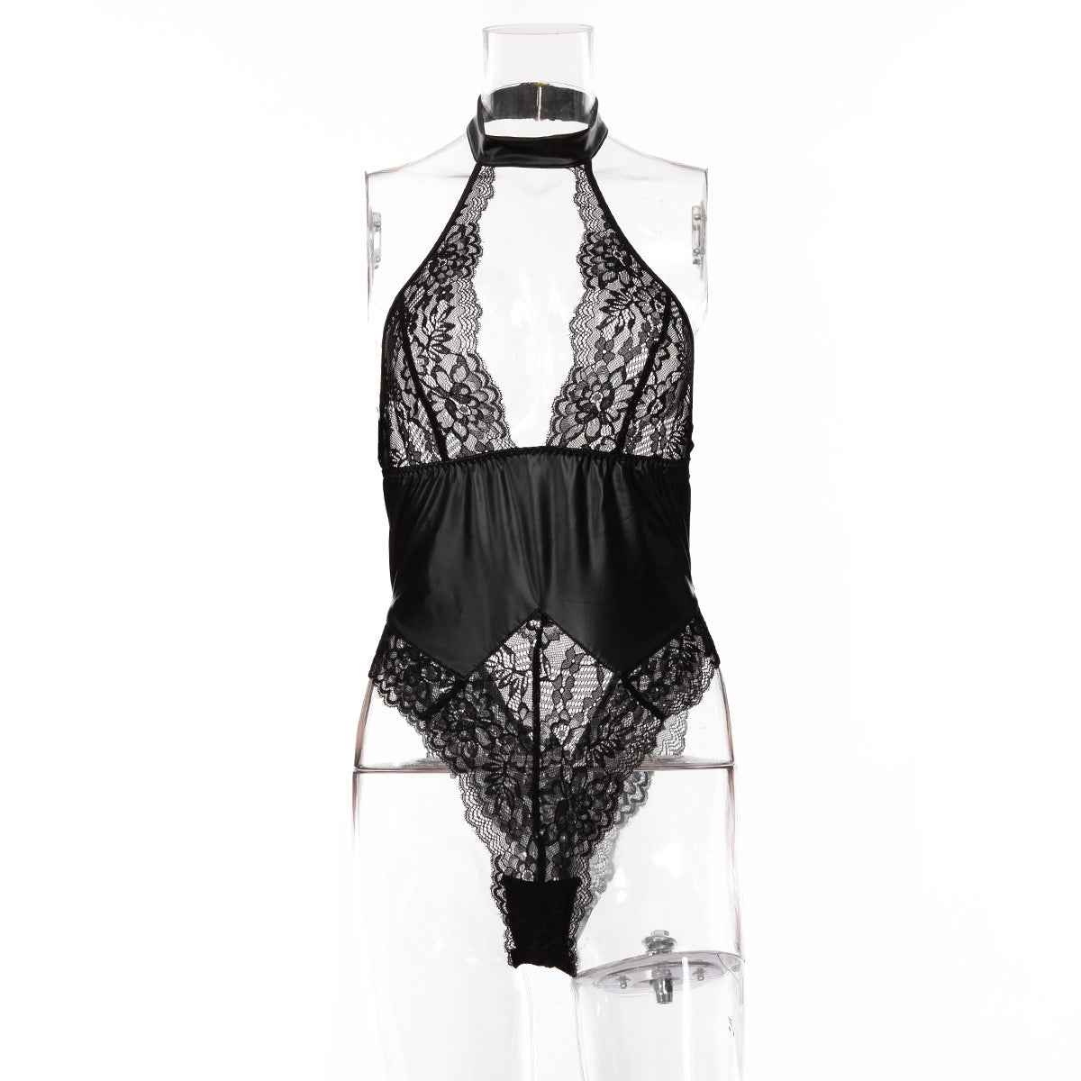 Sexy Patent Leather Lace Stitching One Piece Nightclub Temptation Sexy Lingerie Set
