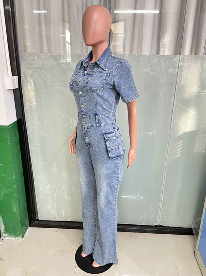 Floral Wash Denim Jumpsuit