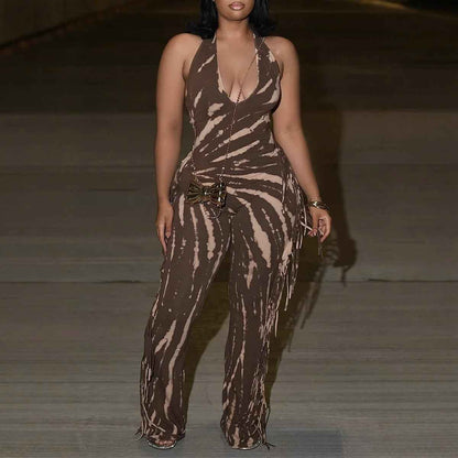 Elegant Sexy Slim Fit Stretch Backless Tassel Printed Halter Strap Micro Pull Jumpsuit