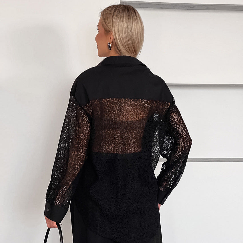 Lace Stitching Hollow Out Long Sleeve Collared Blouse