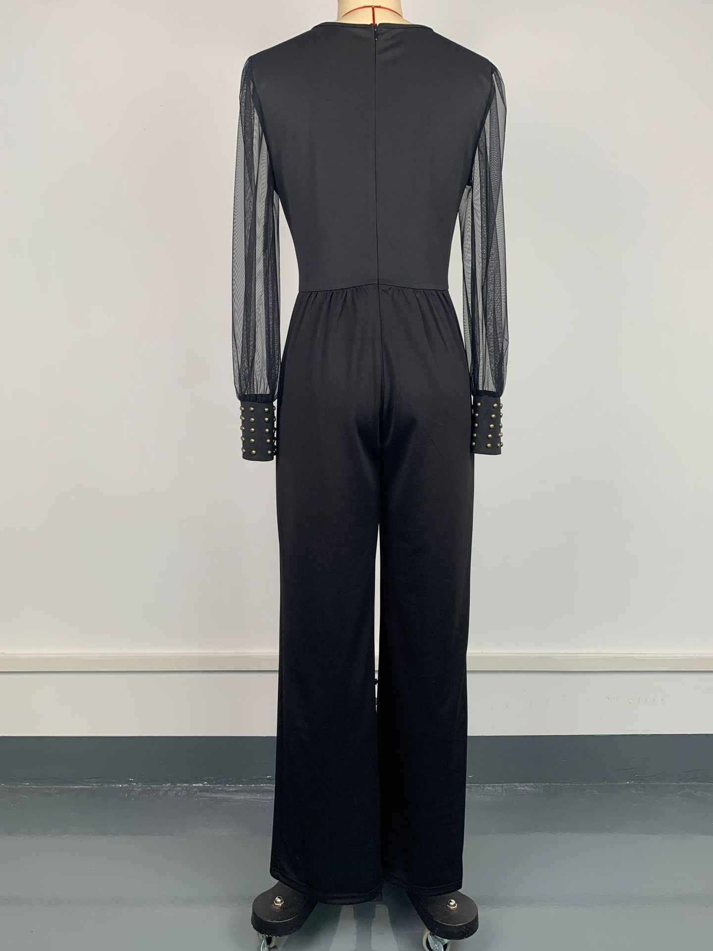 V neck Mesh Stitching Rivet Long Sleeve Loose Jumpsuit