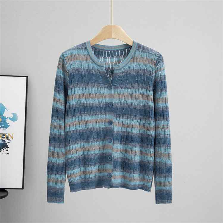 Striped Long Sleeved Loose Knitted Cardigan Sweater