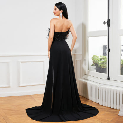Sequined Sleeveless Feather Backless Cocktail Evening Dress