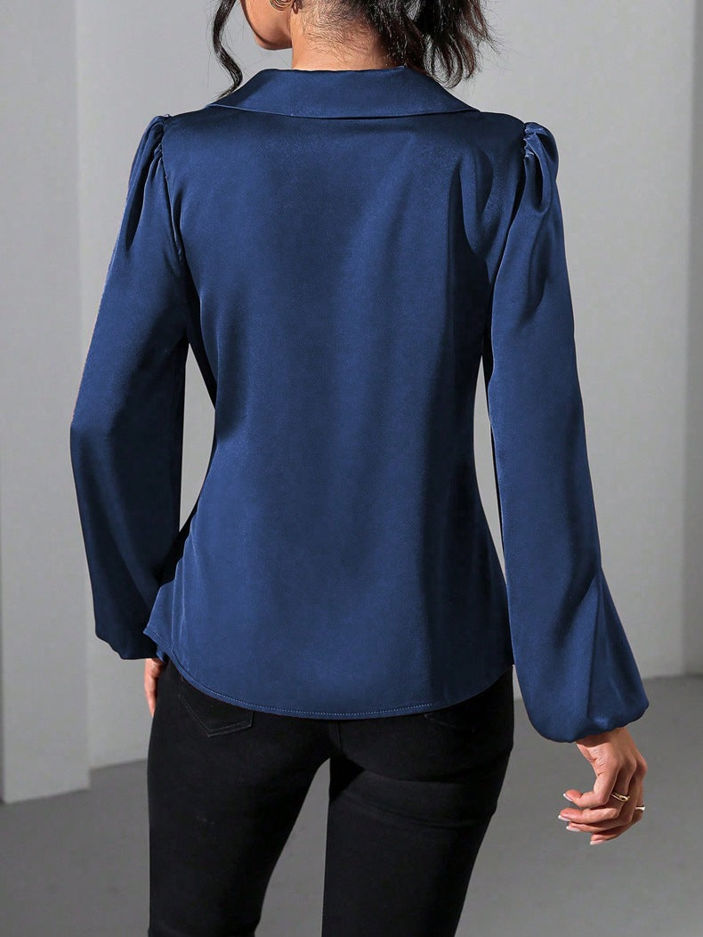 Long Sleeved Satin Lace up Cinched Blouse