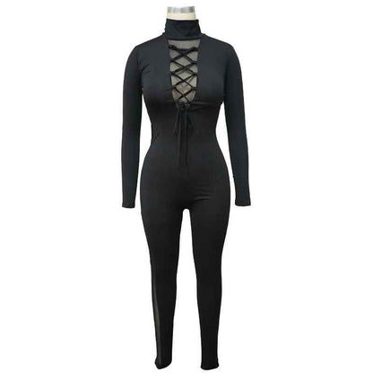 Sexy Lace Up Stitching See Through Long Sleeve Jumpsuit