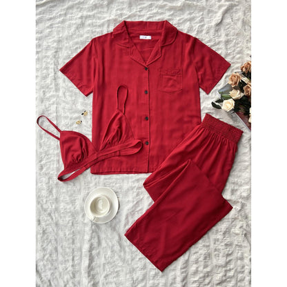 Women's Pajamas Cardigan Three Piece Sleepwear