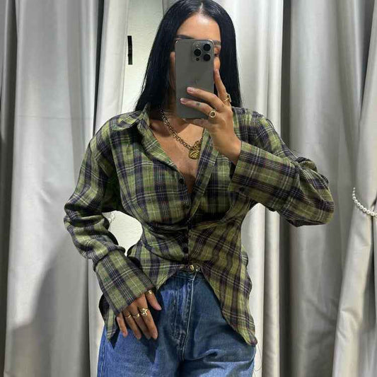 Retro Plaid Collared Long Sleeve Irregular Asymmetric Hem Cinched Blouse