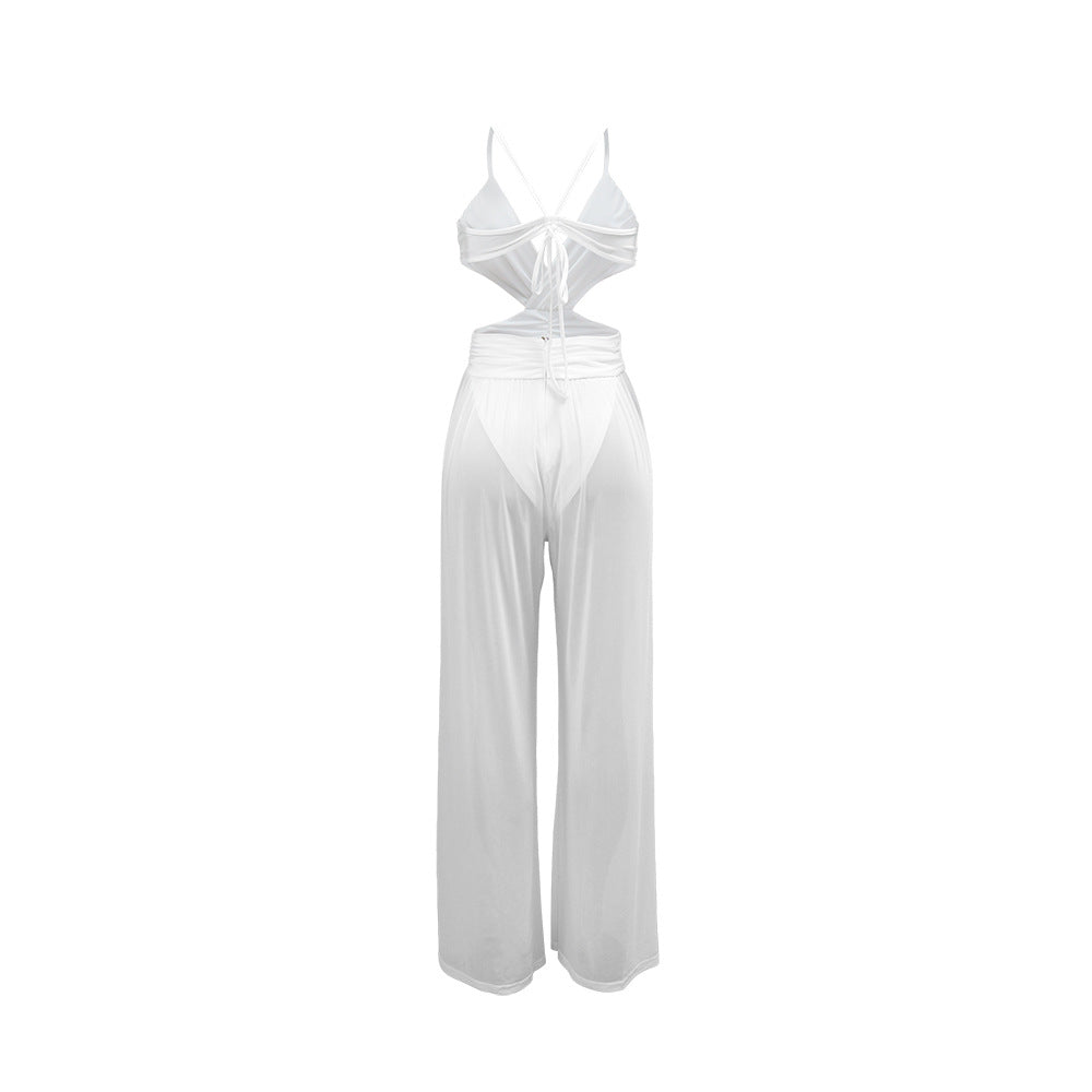 Sexy V neck Lace up Backless See through Sexy Jumpsuit Women