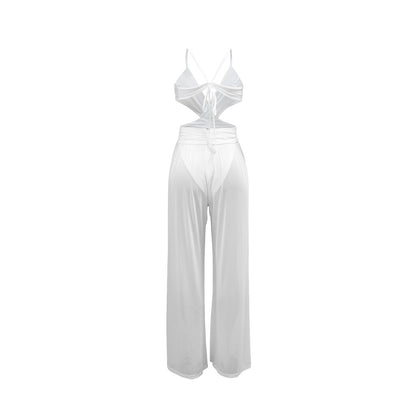 Sexy V neck Lace up Backless See through Sexy Jumpsuit Women