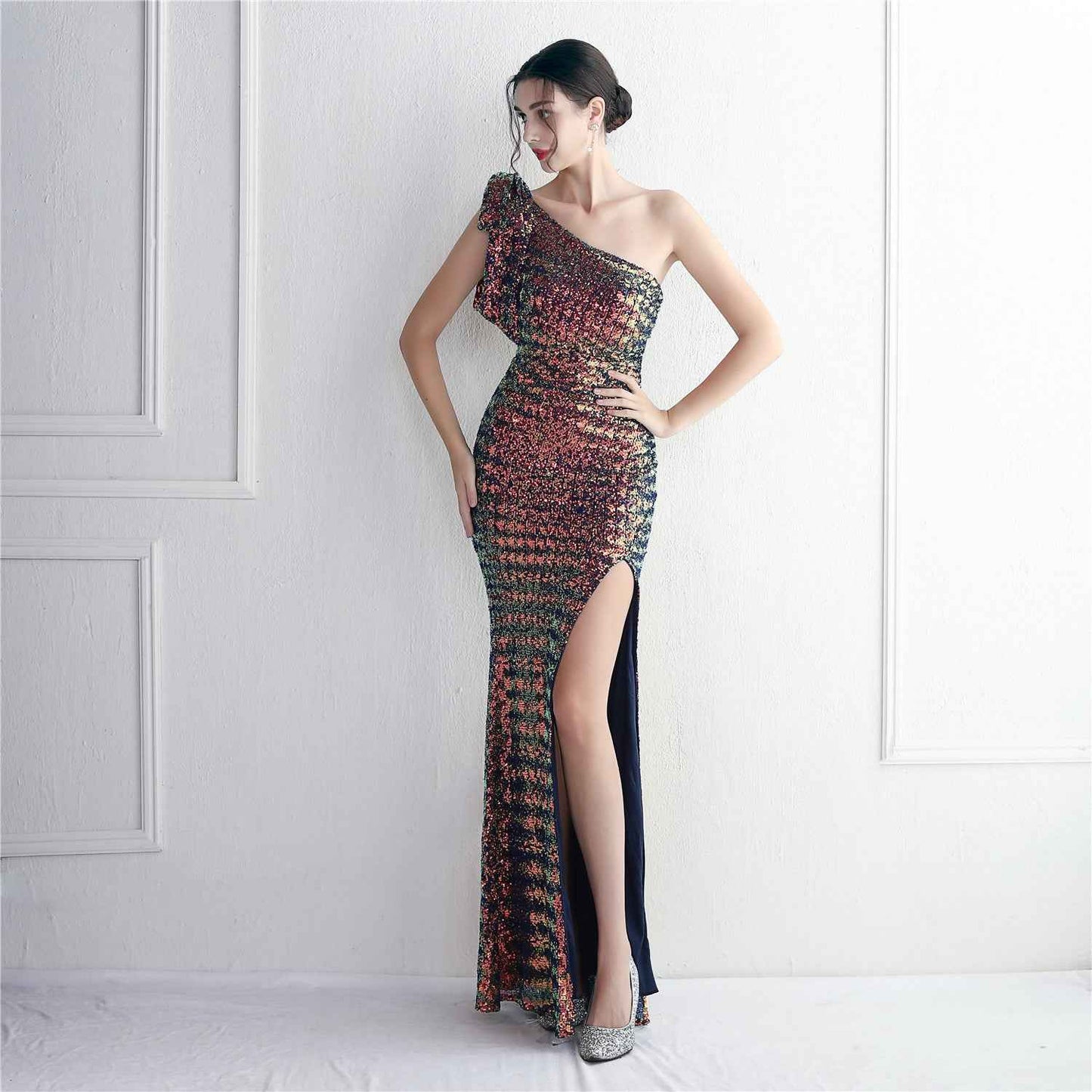 Sequined One Shoulder Appreciation Dinner Slim Fit Fishtail Wedding Dress