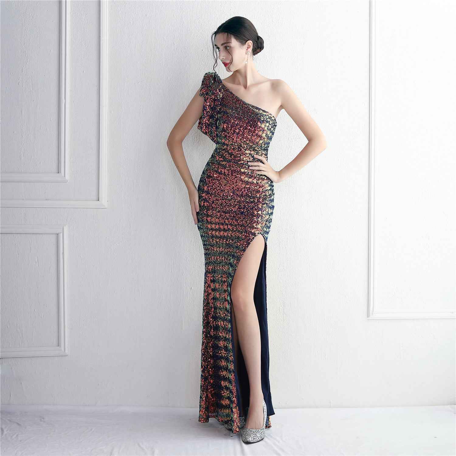 Sequined One Shoulder Appreciation Dinner Slim Fit Fishtail Wedding Dress