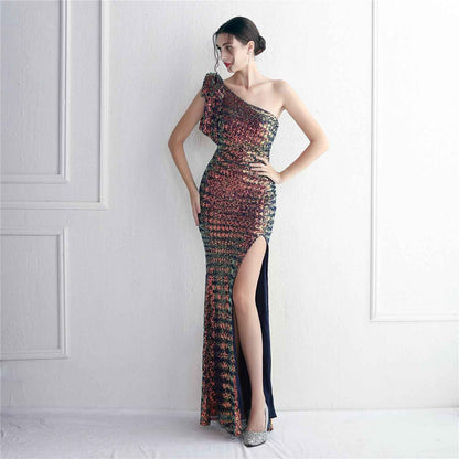 Sequined One Shoulder Appreciation Dinner Slim Fit Fishtail Wedding Dress