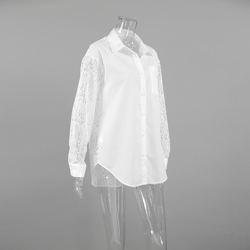 Lace Stitching Hollow Out Long Sleeve Collared Blouse