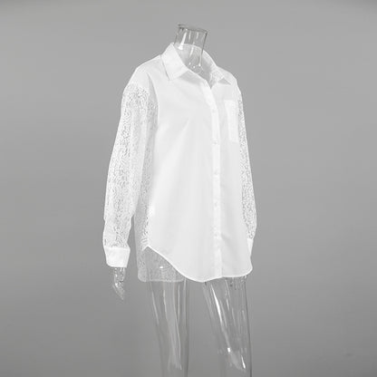 Lace Stitching Hollow Out Long Sleeve Collared Blouse