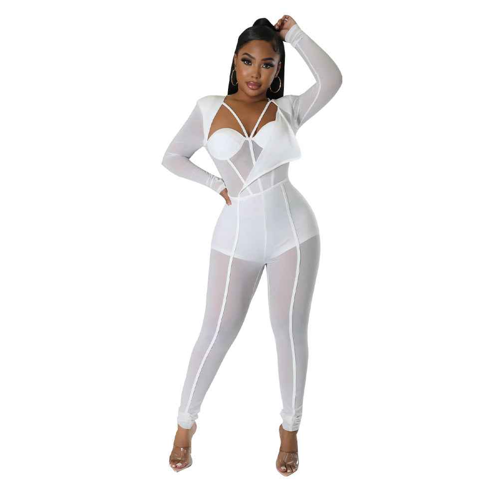 Solid Color Sexy See through Jumpsuit Women
