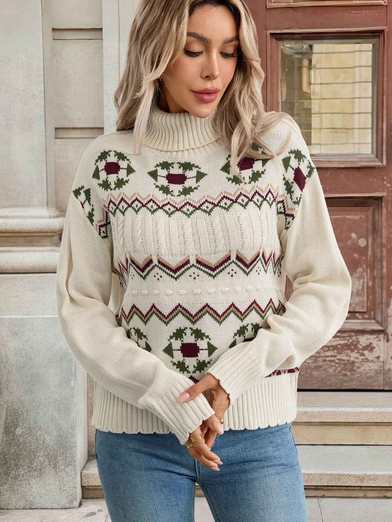 Ethnic Pattern Turtleneck Knitted Jacquard Pullover Sweater Women