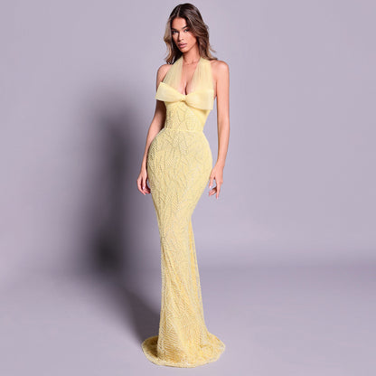 Yellow Heavy Industry Tube Bead Bow Halter Formal Dress