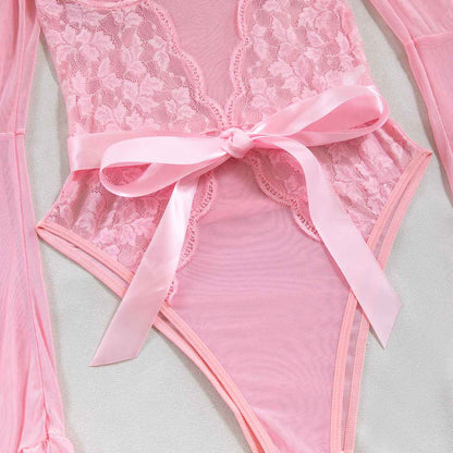 Lace Stitching Elastic Mesh Flared Bodysuit