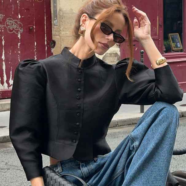 Spring Arrival French Stand Collar Puff Sleeve Blouse