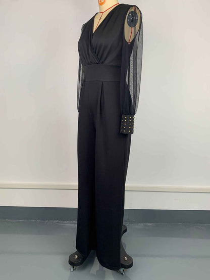V neck Mesh Stitching Rivet Long Sleeve Loose Jumpsuit