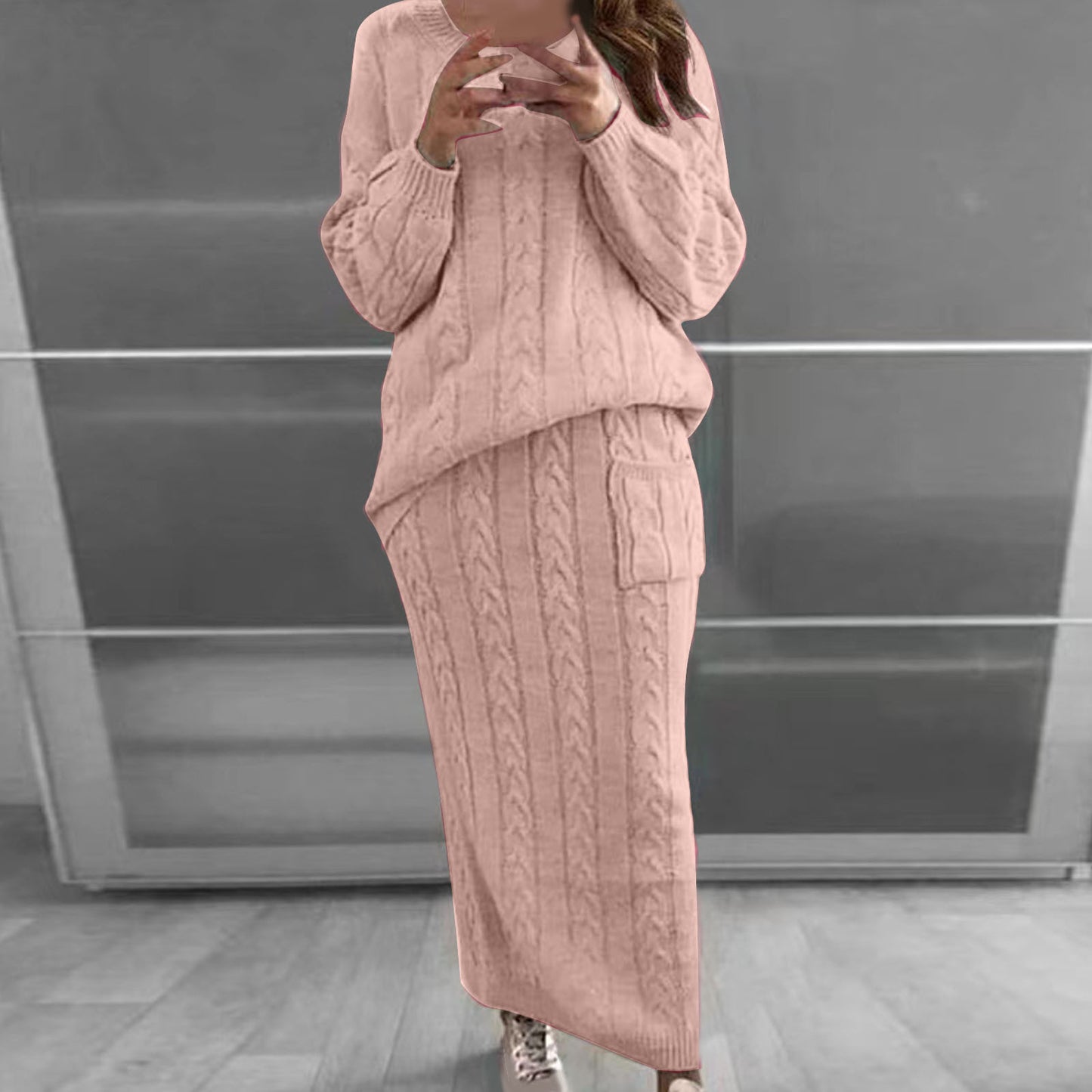 Women's Fashion Twist Flower Needle Sweater 2pc Skirt Women