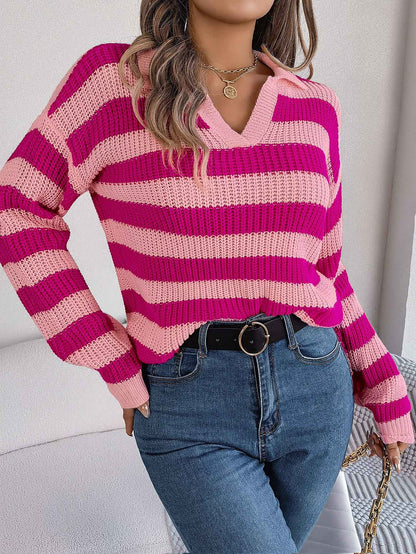 Casual Collar Contrast Color Long Sleeve Knitted Pullover Sweater