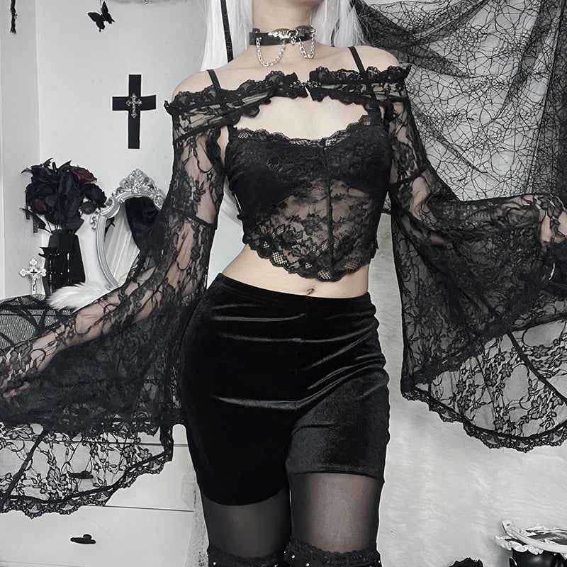 Gothic Classic Lace Cover Ups Women Mesh Crop Top See Through Sexy Flare Sleeve Blouse Y2k Black Rave Outfit Festival
