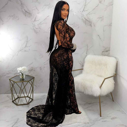 See through Lace Backless Lace up Jumpsuit