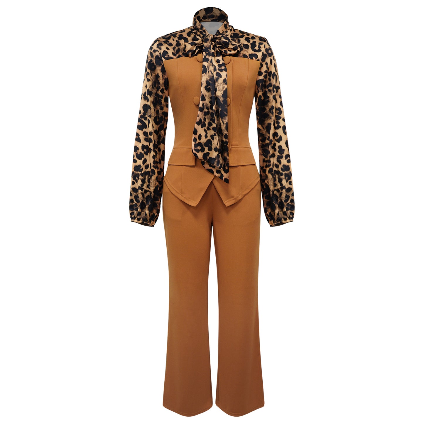 Leopard Collar Blouse Casual Set