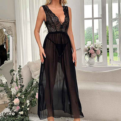 Sexy Thin Transparent Mesh Deep V Plunge Lace Lingerie Set
