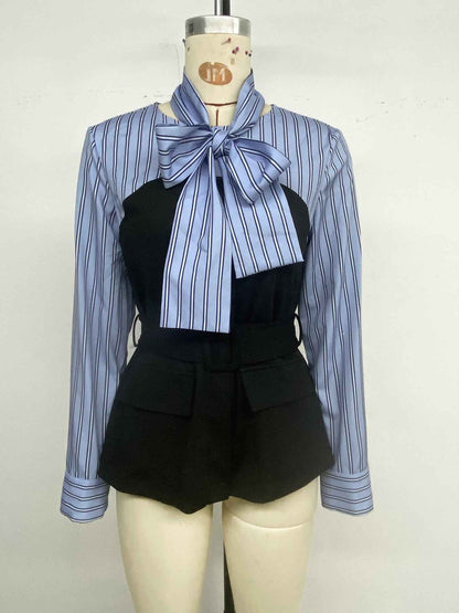 Striped Stitching Elegant Blouse False Two Piece Set