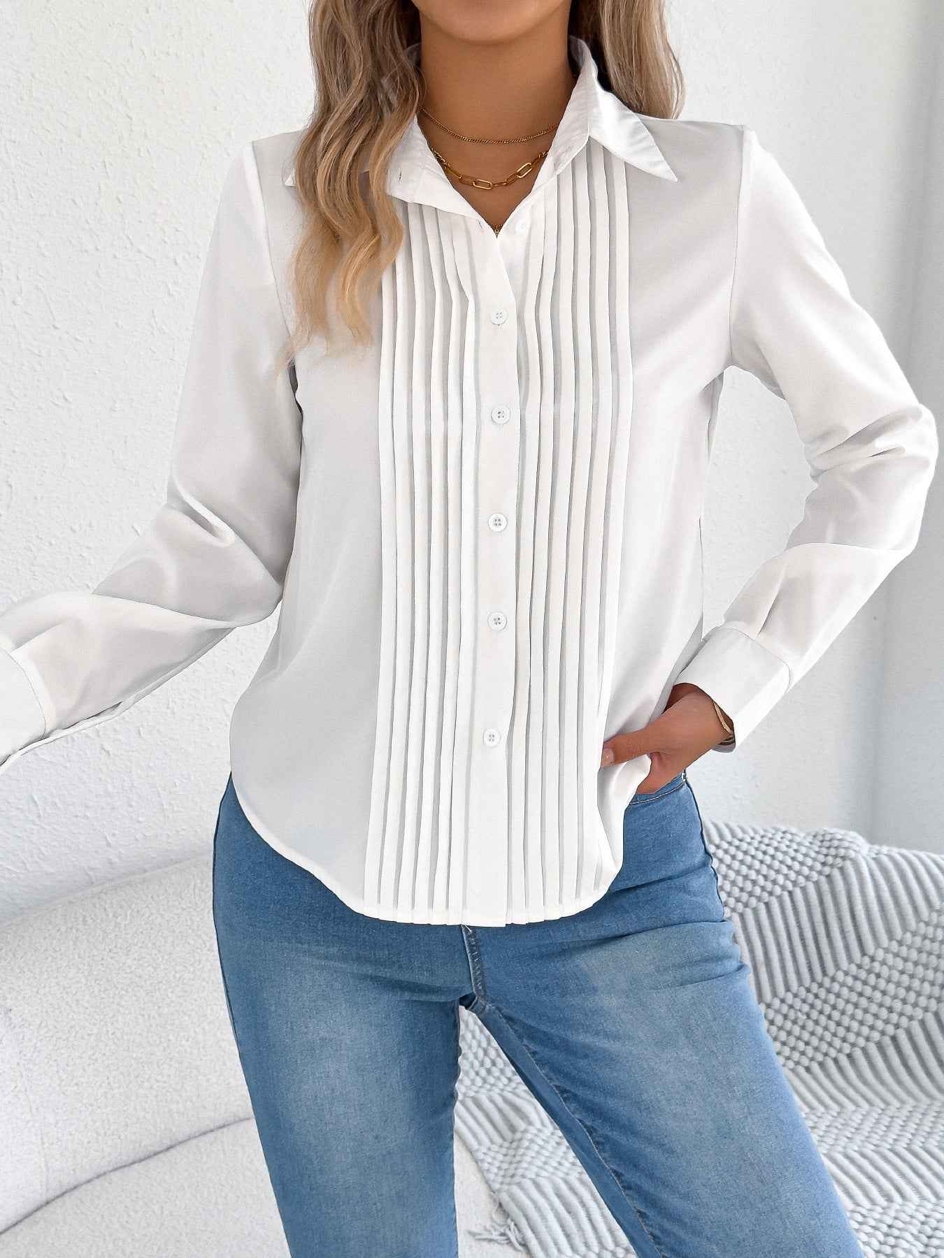 Elegant Pleated Solid Color Button Blouse
