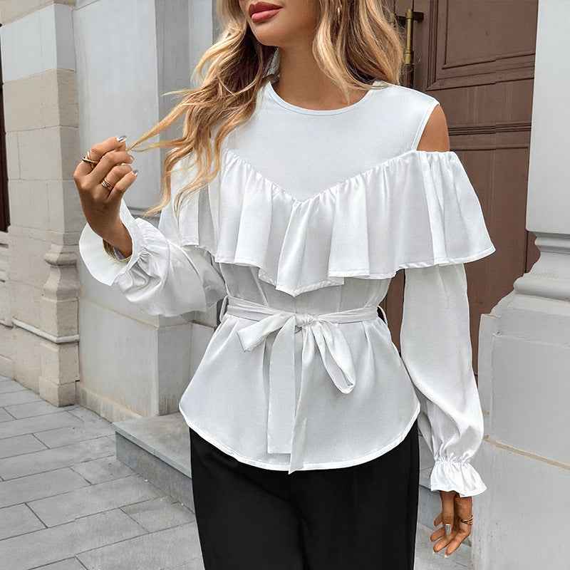 Elegant Long Sleeved Ruffled Off the Shoulder Lace Blouse
