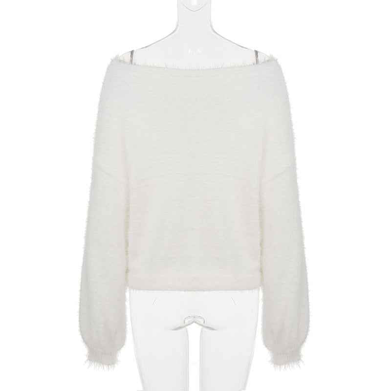 Mink Fur off Shoulder Solid Color Pullover Sweater