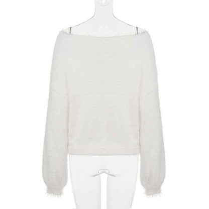 Mink Fur off Shoulder Solid Color Pullover Sweater