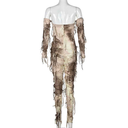 Autumn Tie Dyed Tassel Sexy Bandeau Backless Ice Sleeve Jumpsuit for Women