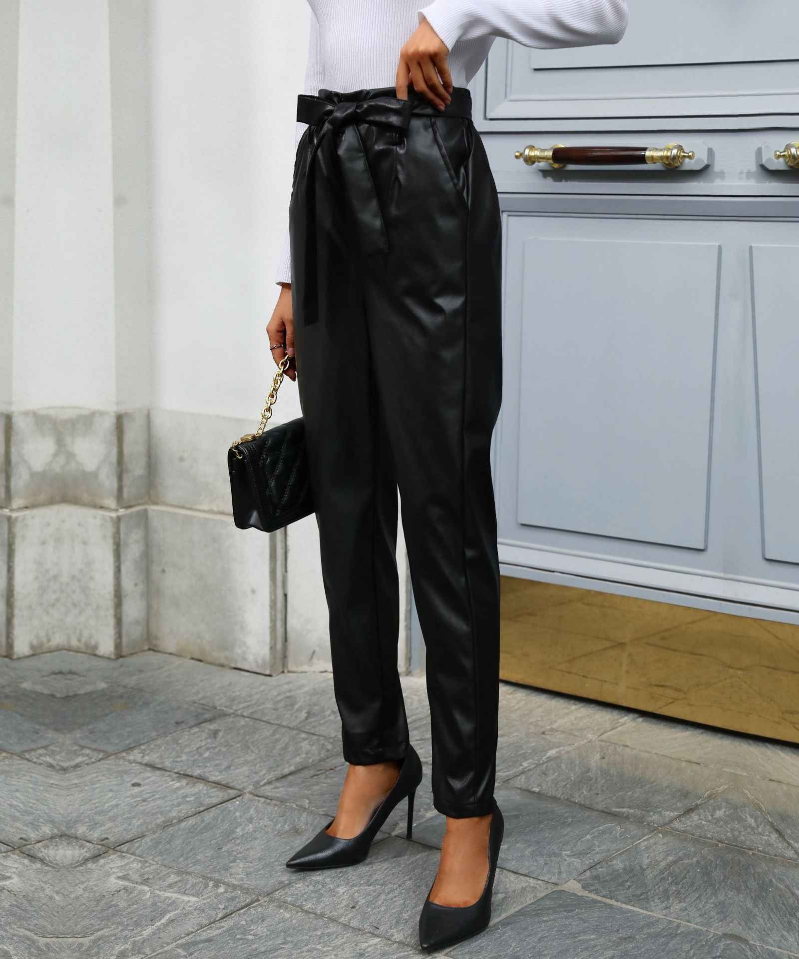 Faux Leather Bow Black High Waist Jeans