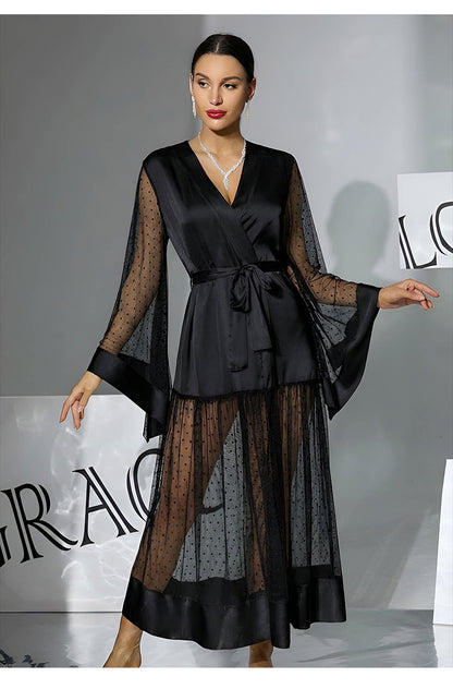 Satin Mesh Patchwork Flared Sleeve Nightgown Sheath Sleepwear Pajamas