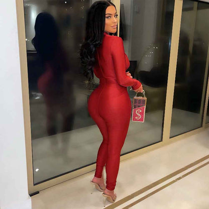 Mesh Bandage Stitched Long Sleeve Jumpsuit for Women