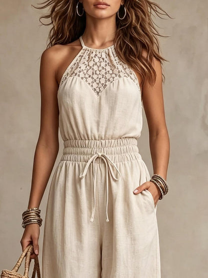 Bohemian Halter Lace Jumpsuit Seaside Holiday Casual Waist Drawstring