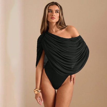 Pleated Sloping Shoulder Women's Elegant Bodysuit