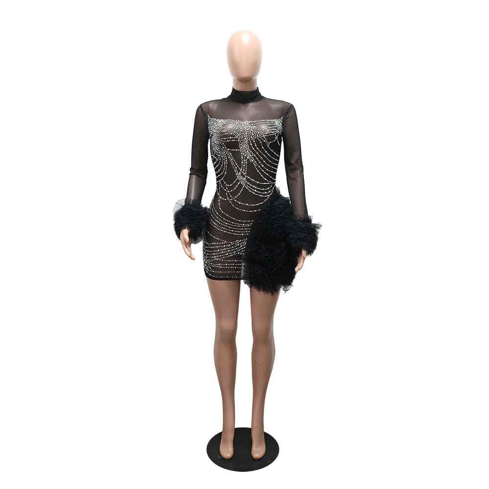 See through Rhinestone Sheath Long Sleeve Dress New Arrivals