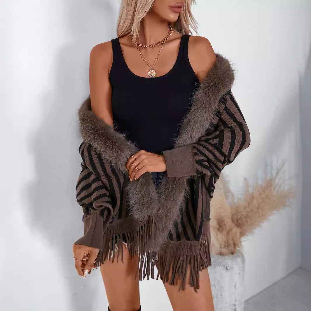 Striped Tassel Knitted Sweater for Women