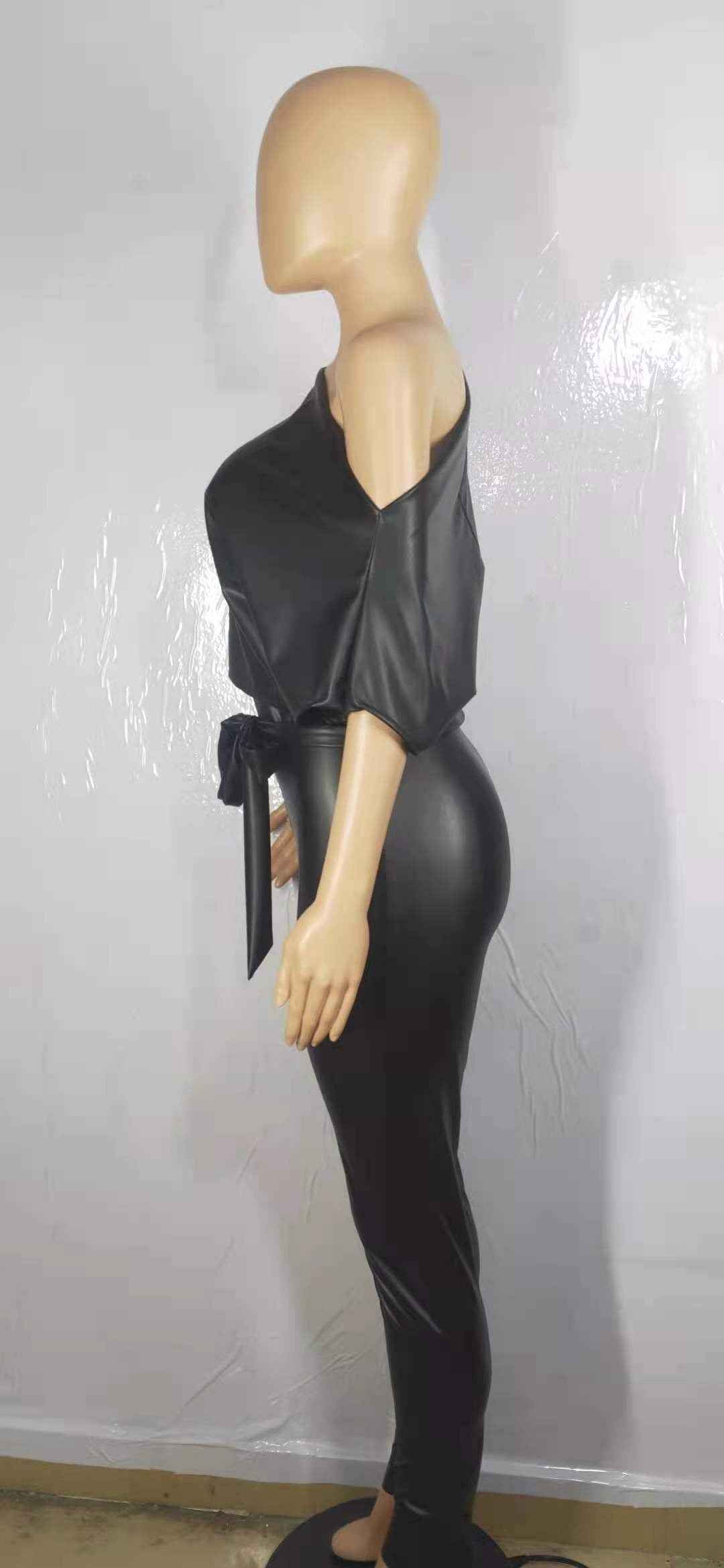 Off The Shoulder Slim Fit One Piece Leather Jumpsuit