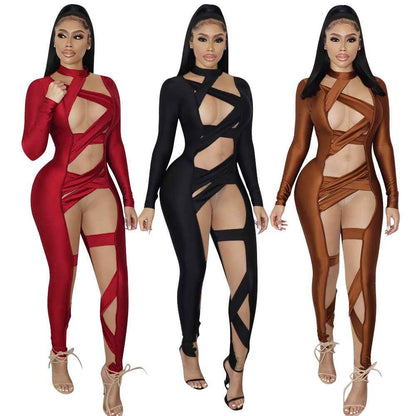 Mesh Bandage Stitched Long Sleeve Jumpsuit for Women