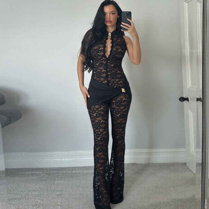 Lace Stitching Sleeveless Sexy High Waist Slim Fit Micro Pull Jumpsuit