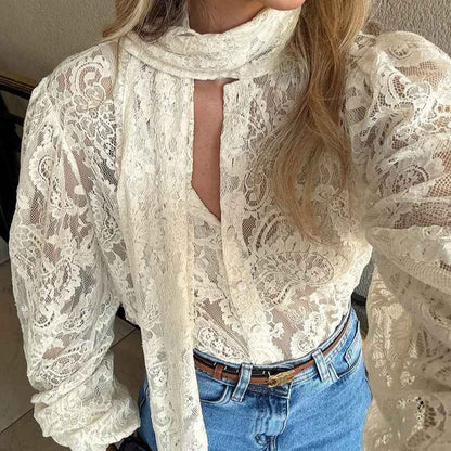 French Ribbon See through Cutout Blouse