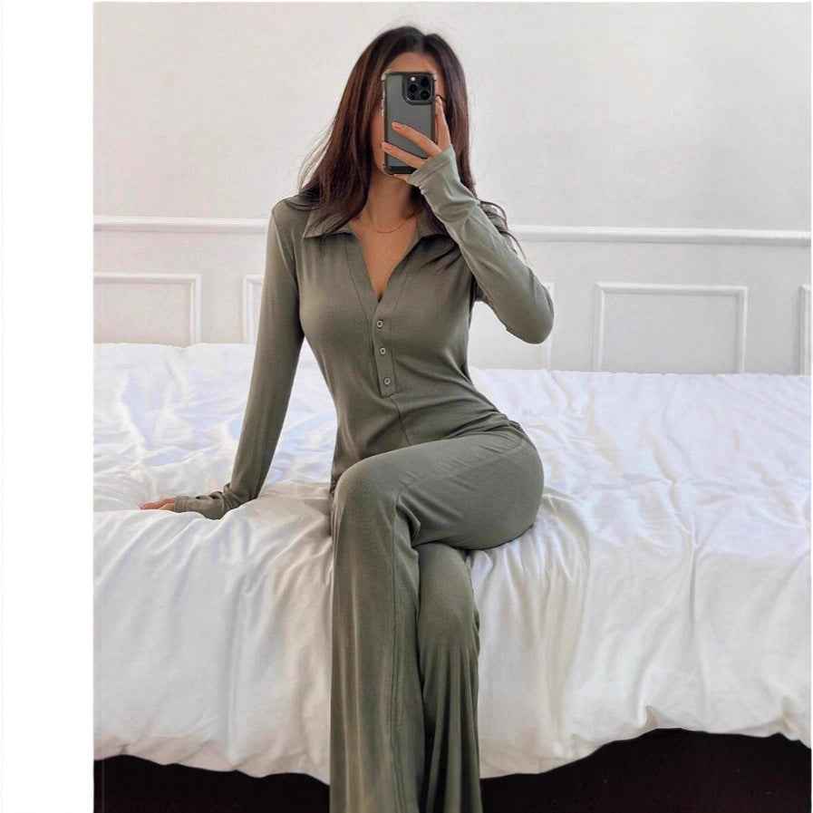 Polo Collar Knitted Long Sleeved Jumpsuit for Women
